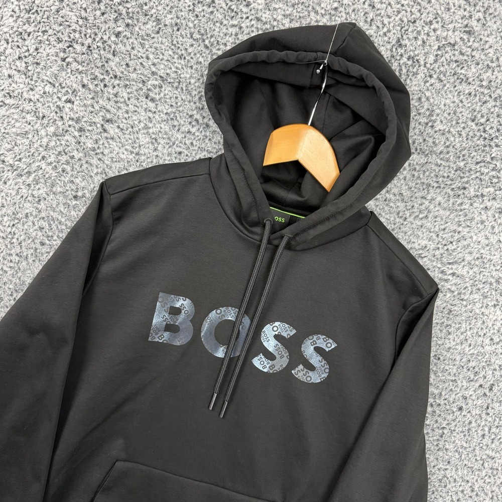 Hugo Boss Hoodie Mens Large Black Soody Tape Big Logo Graphic Sweatshirt L